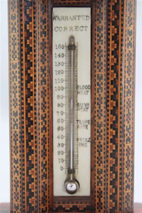 A Tunbridge ware tesserae tower thermometer Warranted Correct, 6.5in.